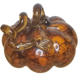 Hand Blown Glass Pumpkin Squash Brown Amber Art Glass Swirl Stem 5" x 4.5"
